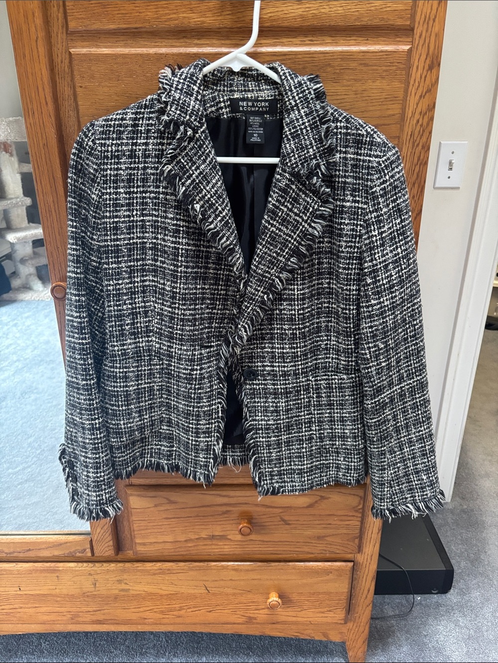 New York & Company Black and White Frayed Tweed Blazer